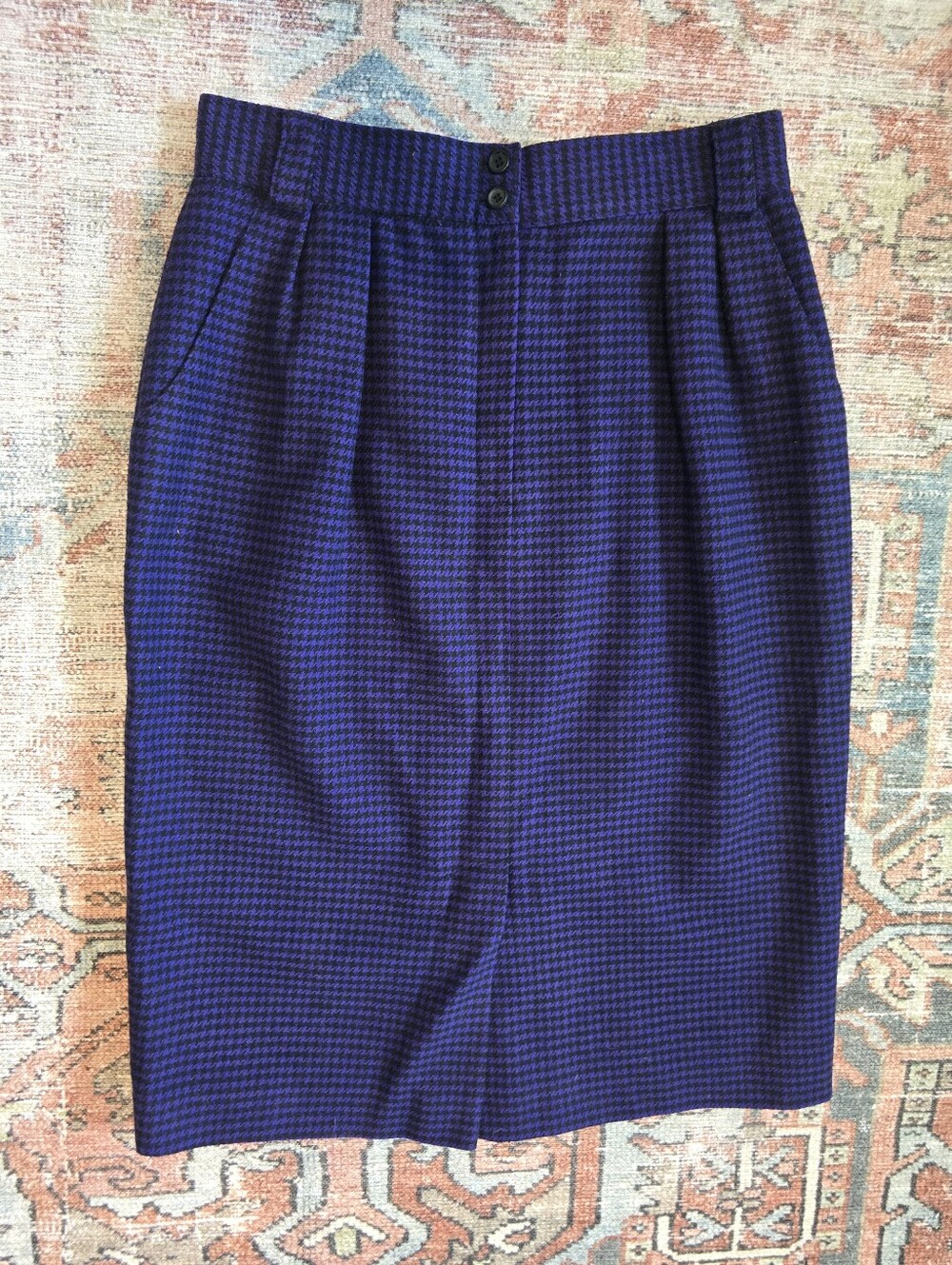 Christian Dior Vintage Blue And Black Houndstooth Pencil Skirt